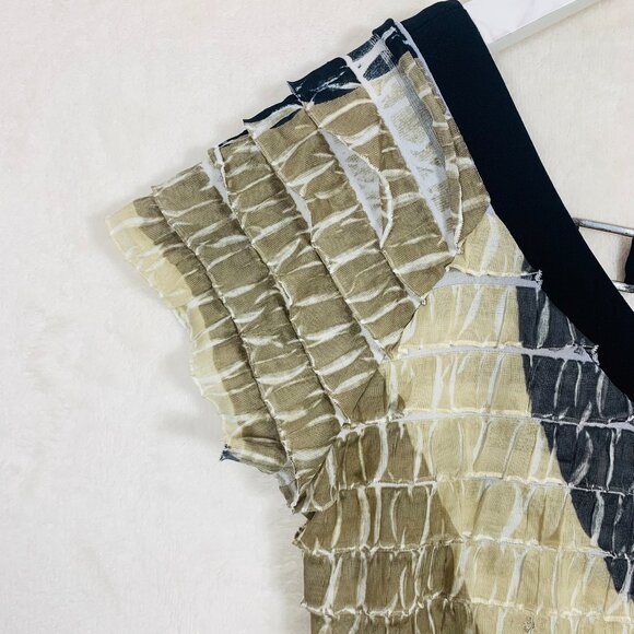 Frank Lyman Blk/Tan Ruffle Butterfly Short Sleeve Top V Neck/Scoop Back Wms Sz 6 - Picture 13 of 16